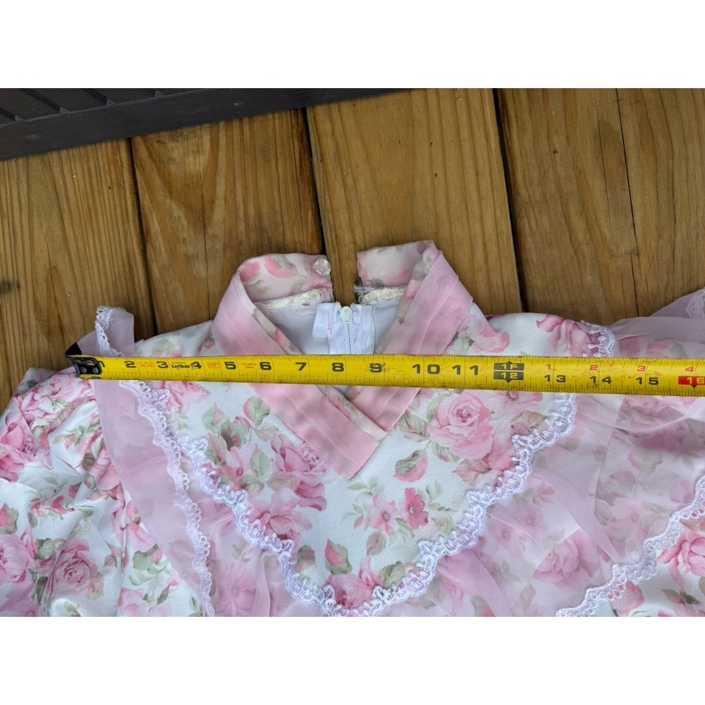Vintage Hand Made 70s Pink Floral Prairie Maxi Long Sleeve Lace Trim Size 2/4 - Picture 5 of 8
